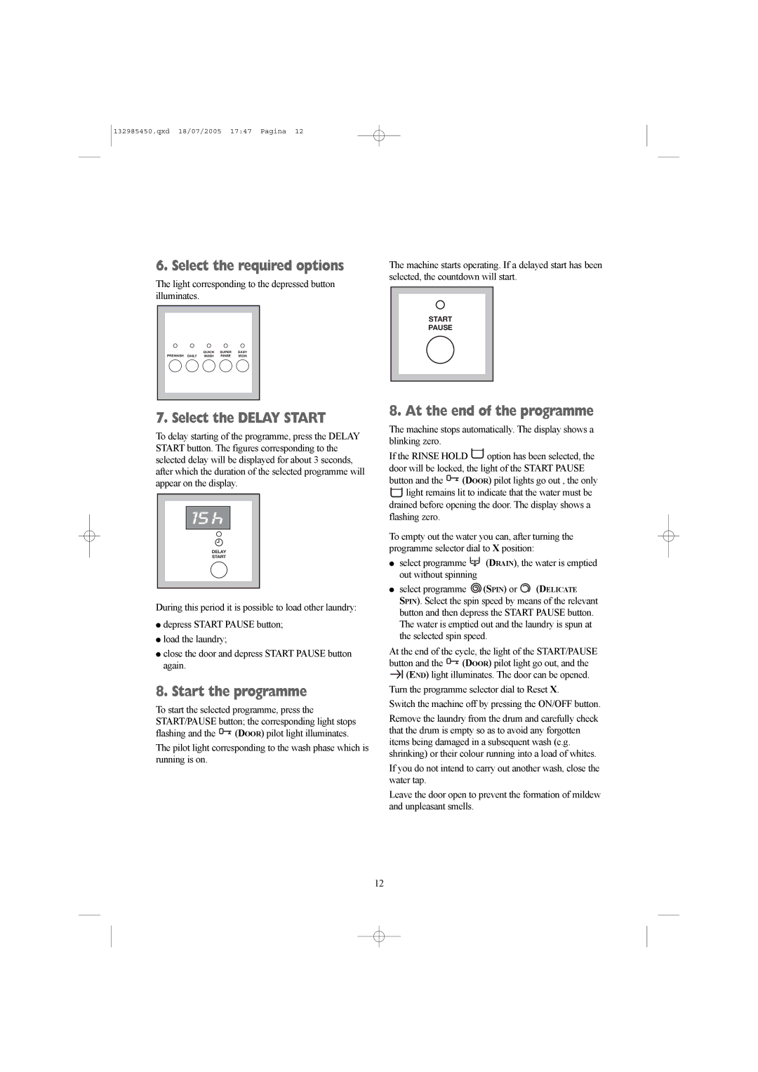 Zanussi 132985450 Select the required options, Select the Delay Start, Start the programme, At the end of the programme 