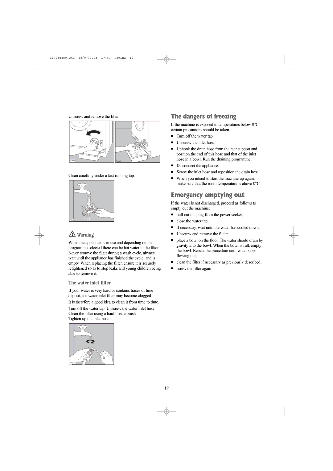 Zanussi 132985450 manual Emergency emptying out, Water inlet filter 