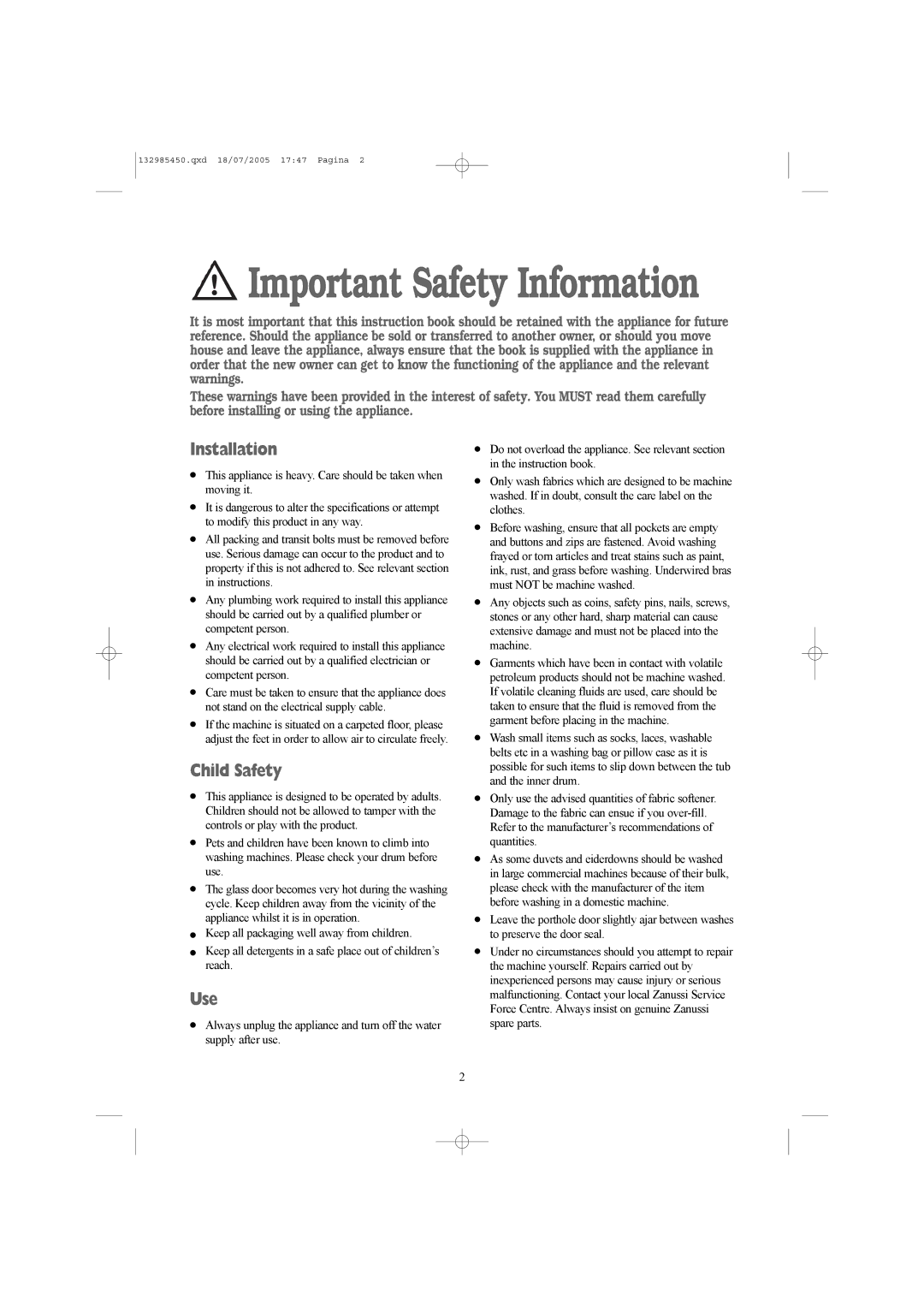 Zanussi 132985450 manual Important Safety Information, Installation, Child Safety, Use 