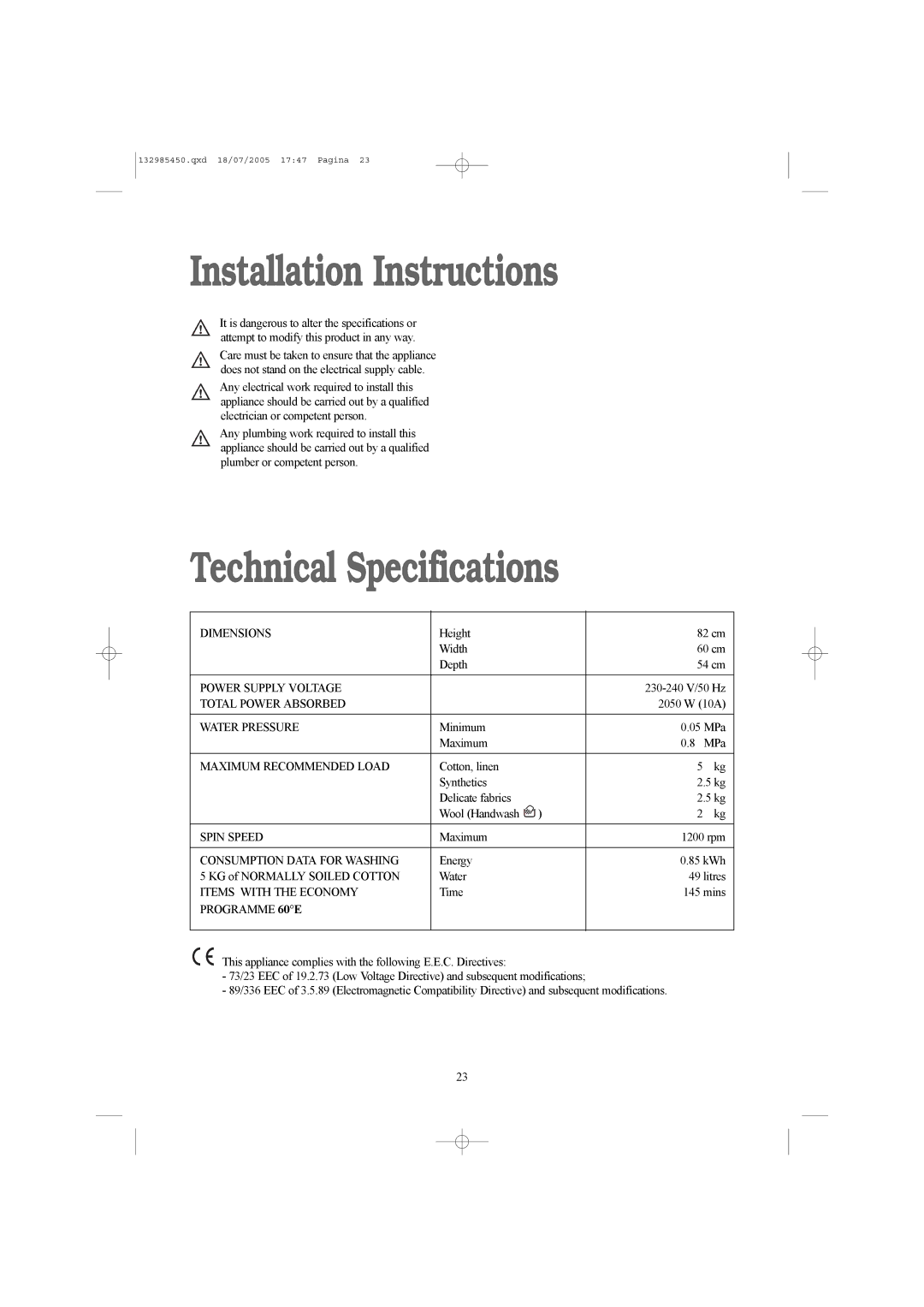 Zanussi 132985450 manual Installation Instructions, Technical Specifications 