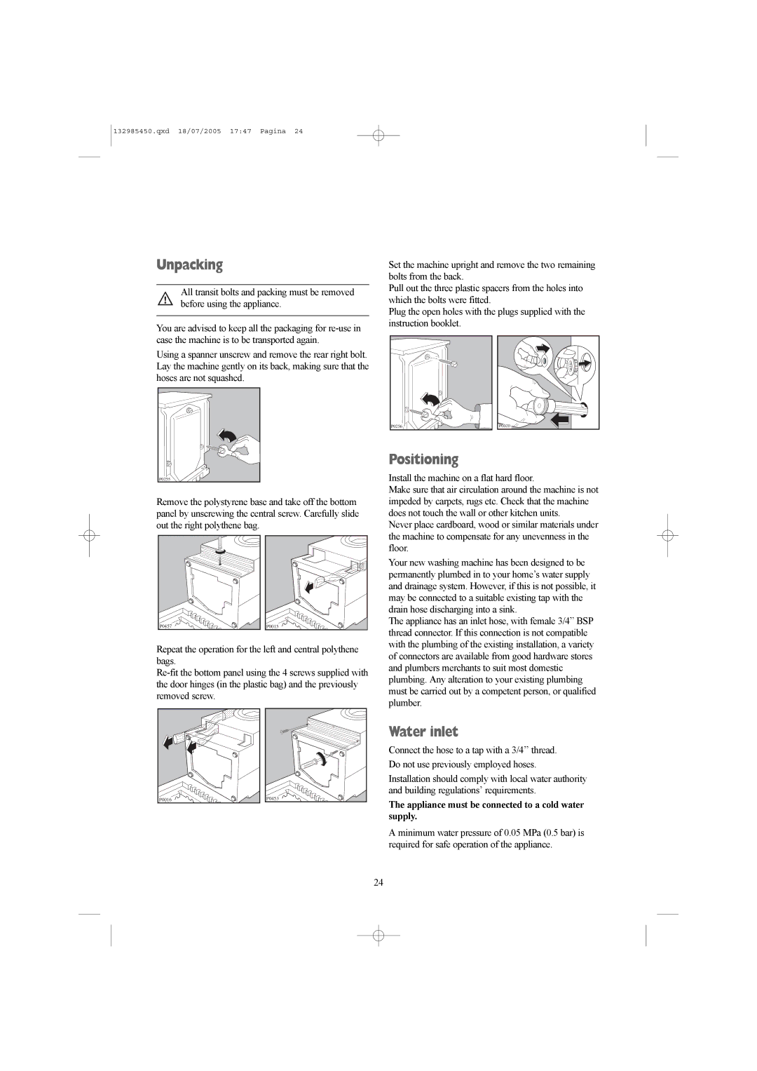 Zanussi 132985450 manual Unpacking, Positioning, Water inlet, Appliance must be connected to a cold water supply 