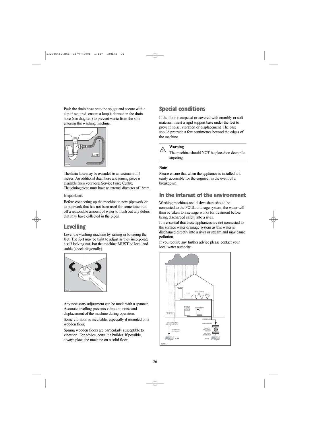 Zanussi 132985450 manual Levelling, Special conditions 