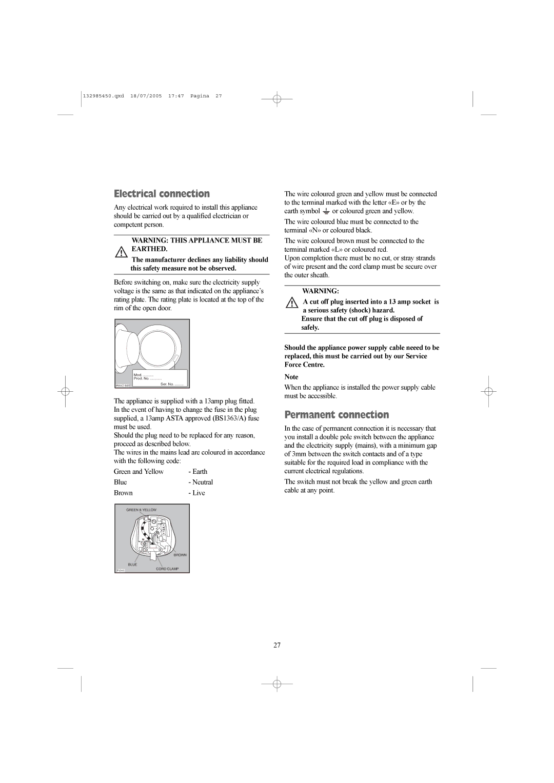 Zanussi 132985450 manual Electrical connection, Permanent connection 