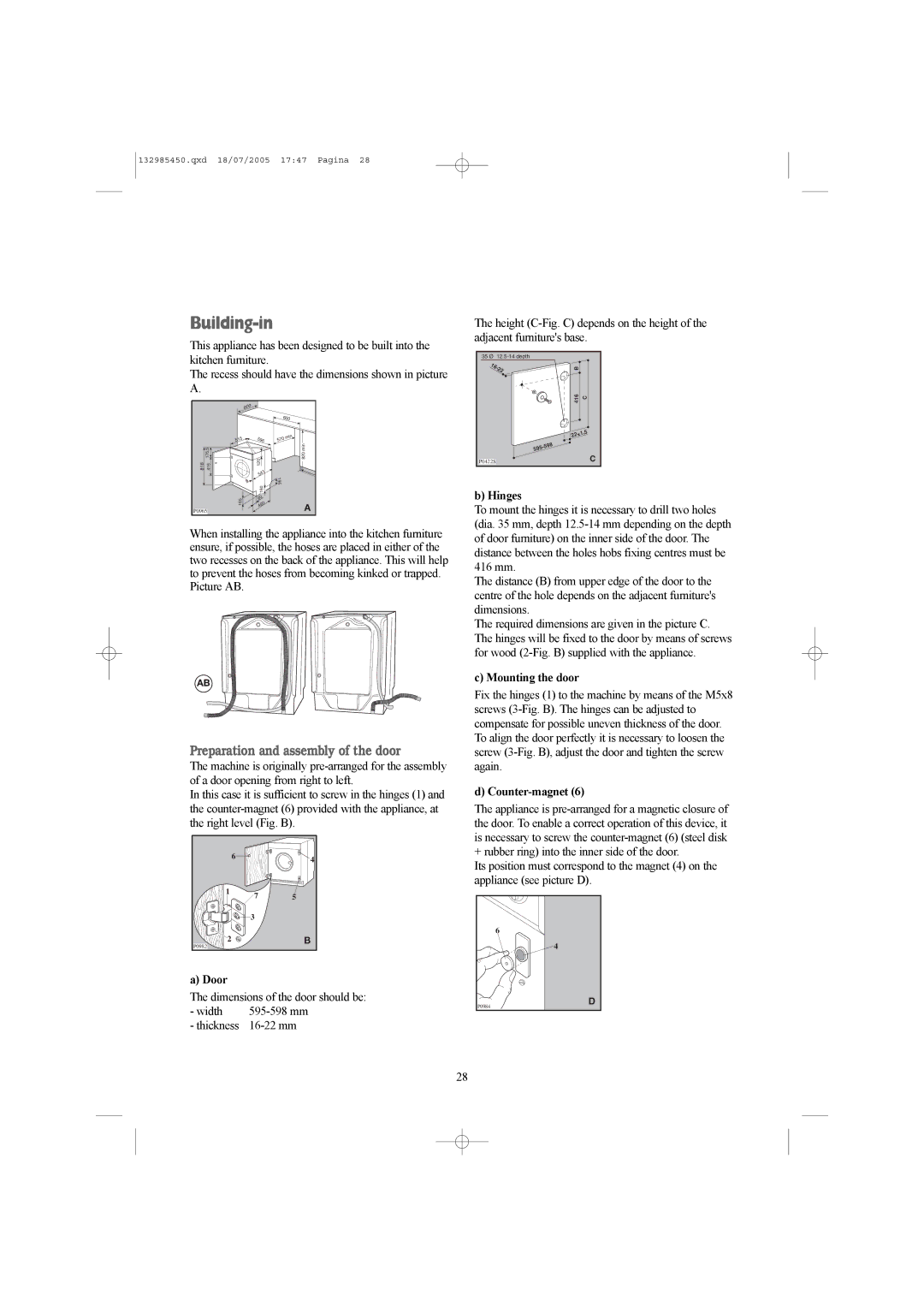 Zanussi 132985450 manual Building-in, Preparation and assembly of the door 