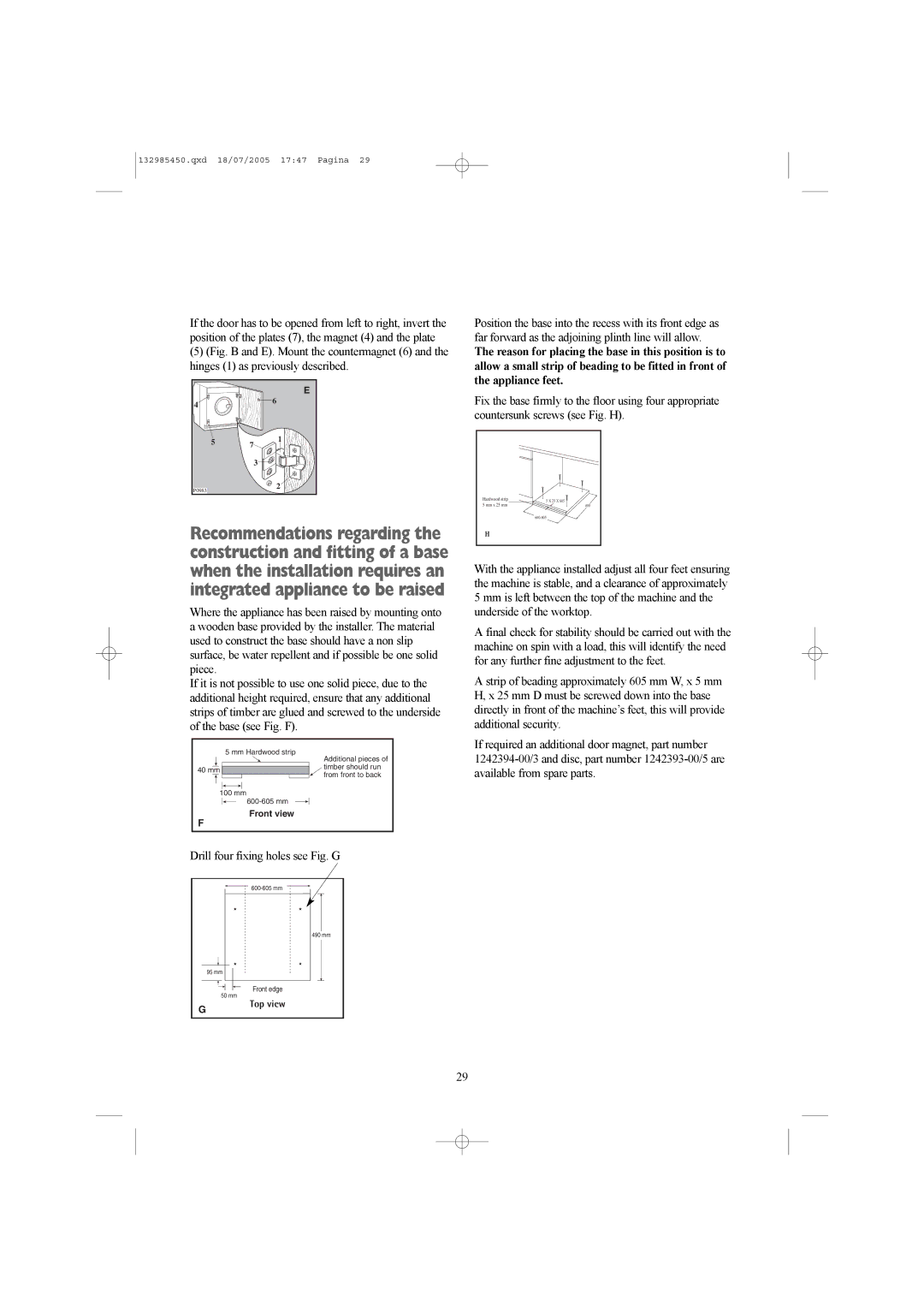Zanussi 132985450 manual Drill four fixing holes see Fig. G 