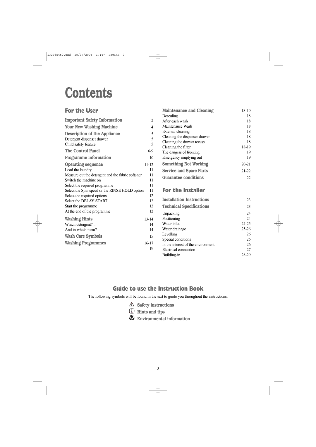 Zanussi 132985450 manual Contents 