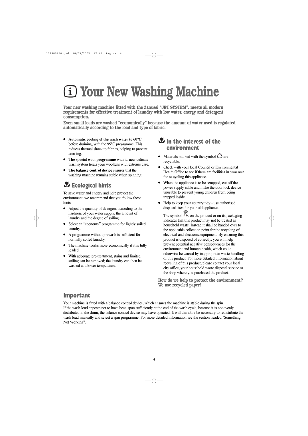 Zanussi 132985450 manual Your New Washing Machine, Ecological hints, Interest of the environment 