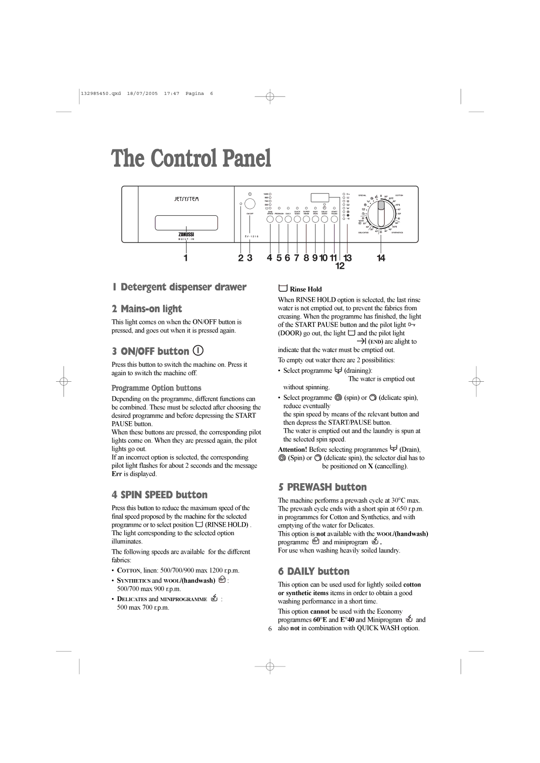 Zanussi 132985450 manual Control Panel 