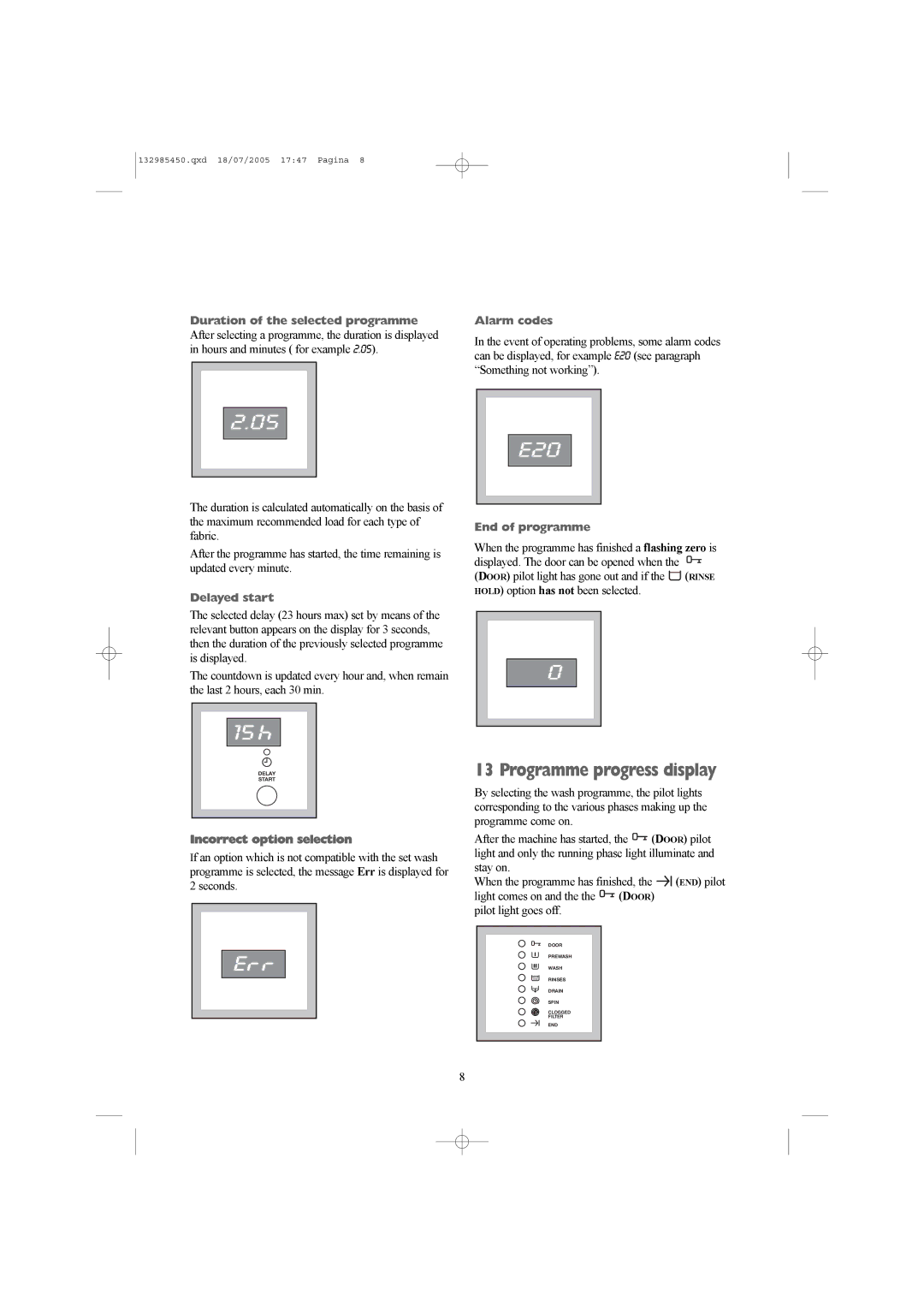 Zanussi 132985450 manual Programme progress display, Delayed start 