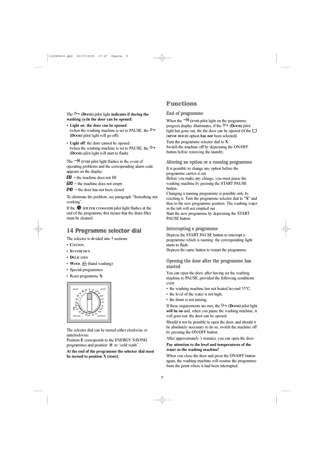 Zanussi 132985450 manual Programme selector dial, End of programme, Altering an option or a running programme 