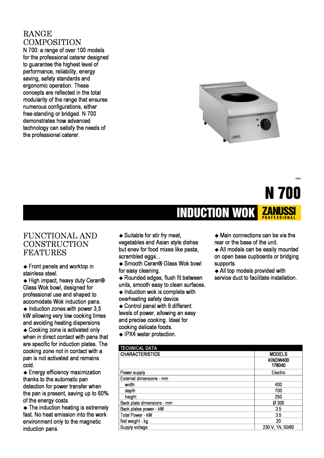 Zanussi KINDW400, 178040 dimensions Range Composition, Functional And Construction Features 