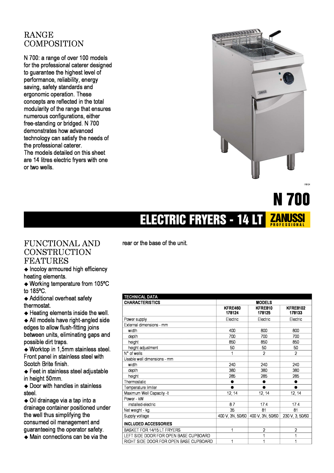 Zanussi 178124 dimensions Range Composition, Functional And Construction Features, Working temperature from 105ºC to 185ºC 