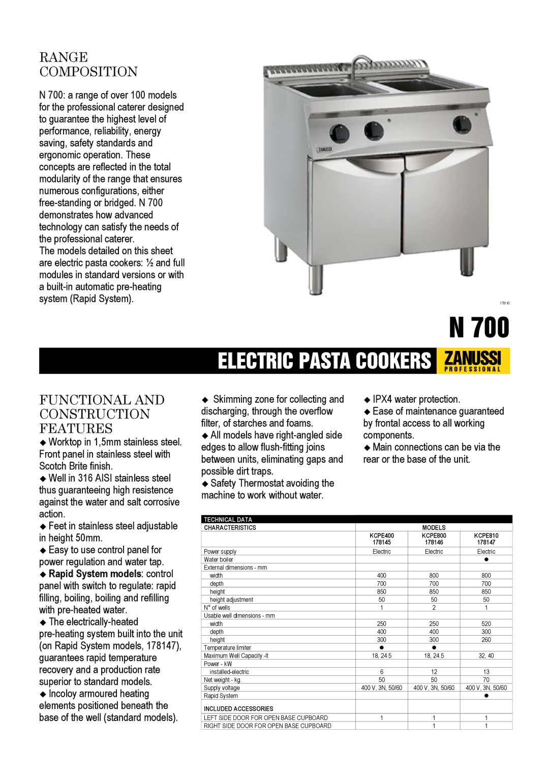 Zanussi KCPE810, 178146, 178147, 178145, KCPE400 dimensions Technical Data, Characteristics Models, Included Accessories 