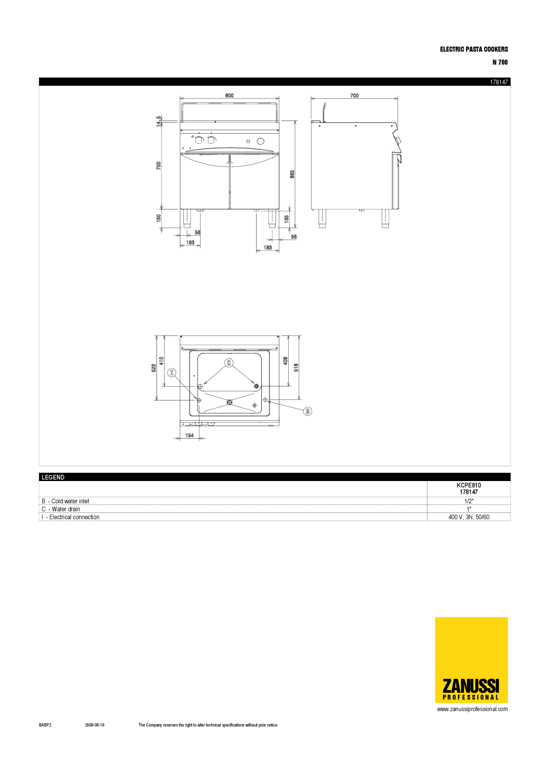 Zanussi KCPE800, 178146, KCPE810, 178145, KCPE400 dimensions 178147 