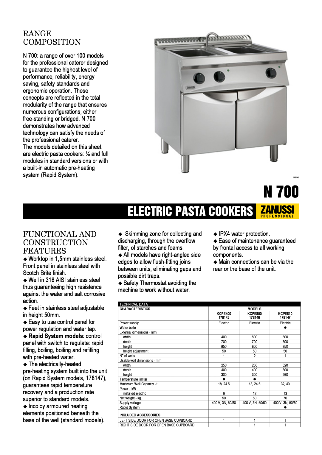 Zanussi KCPE810, 178146 dimensions Range Composition, Functional And Construction Features, Scotch Brite finish, action 