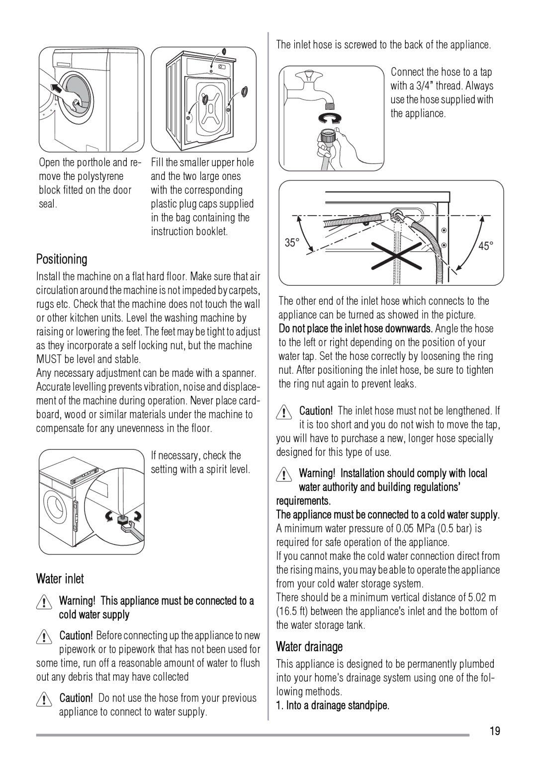 Zanussi 192994960-00-202009 user manual Positioning, Water inlet, Water drainage, Out any debris that may have collected 