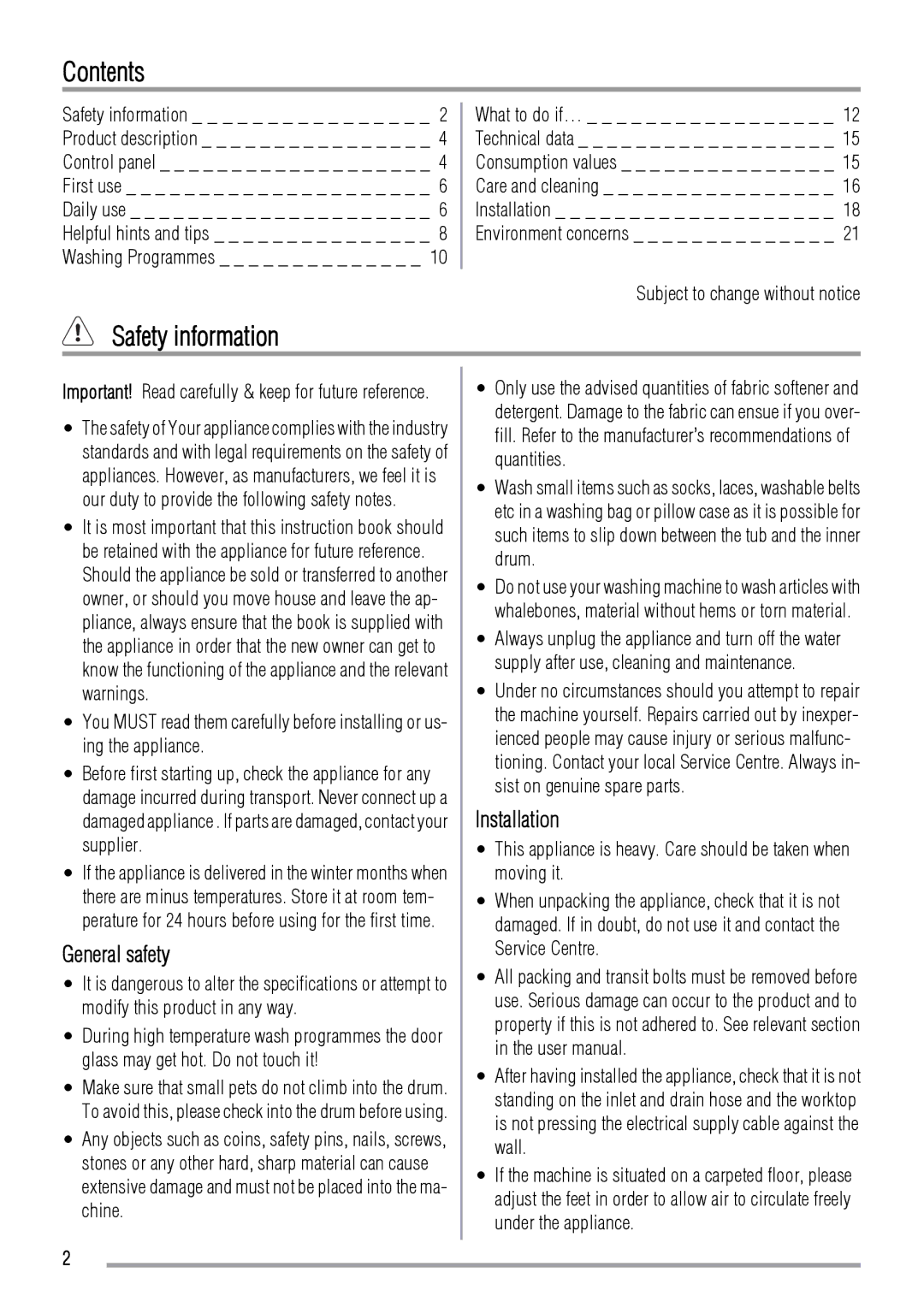 Zanussi 192994960-00-202009 user manual Contents, Safety information 