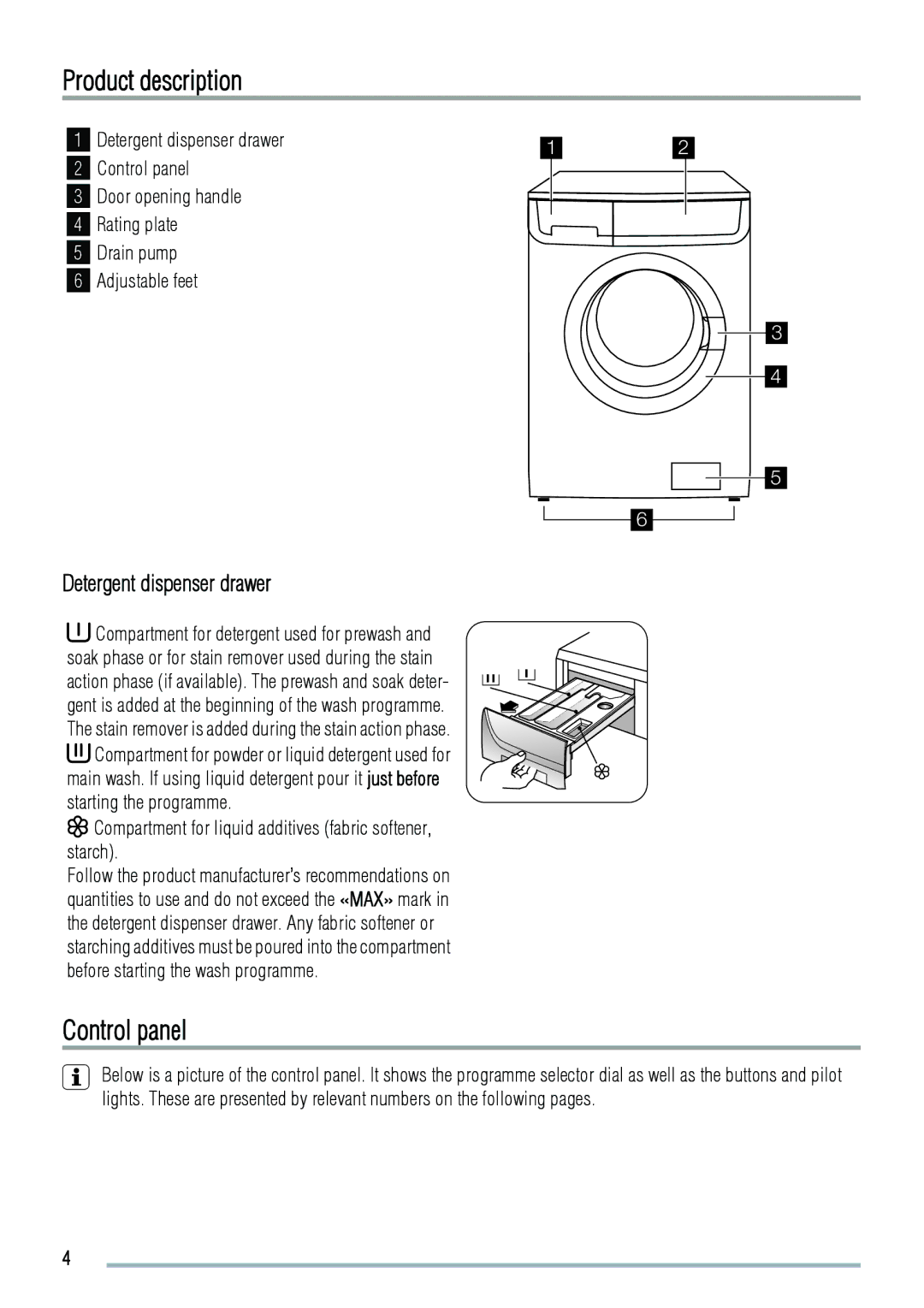 Zanussi 192994960-00-202009 user manual Product description, Control panel, Detergent dispenser drawer 