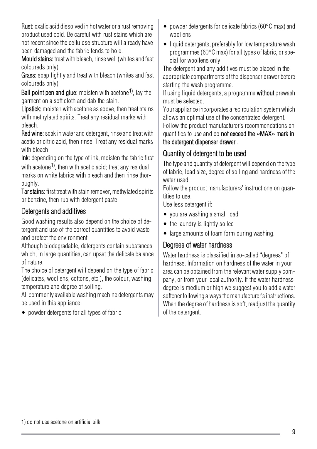 Zanussi 192994960-00-202009 Detergents and additives, Quantity of detergent to be used, Degrees of water hardness 