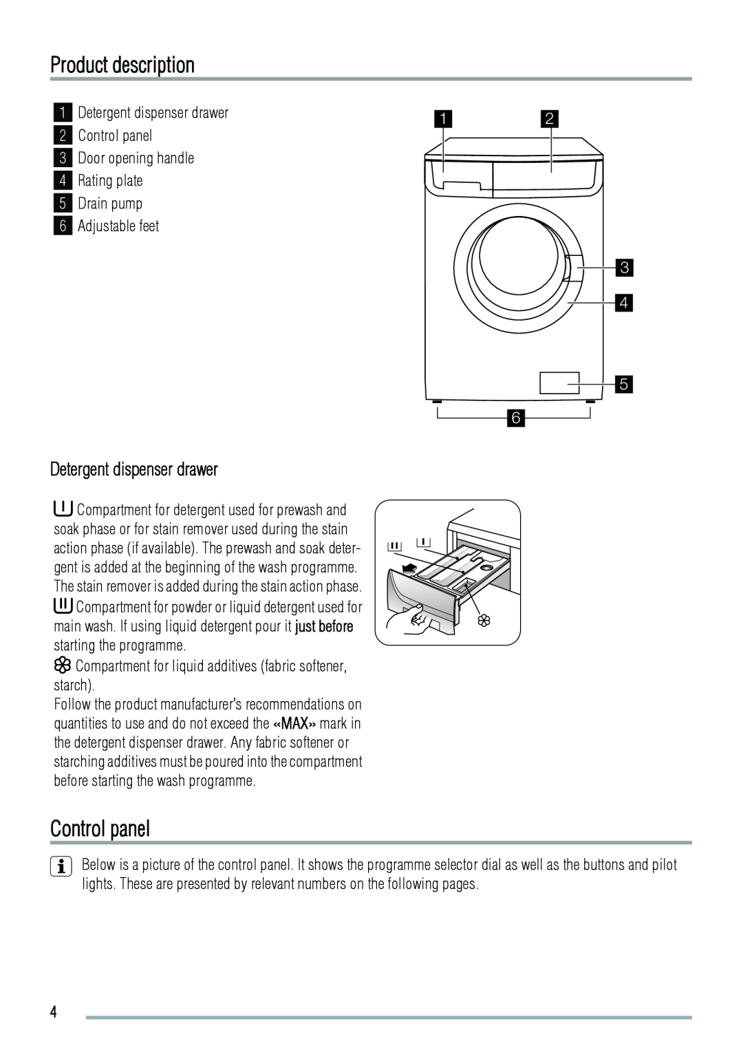 Zanussi 192994960-00-202009 user manual Product description, Control panel, Detergent dispenser drawer, Door opening handle 
