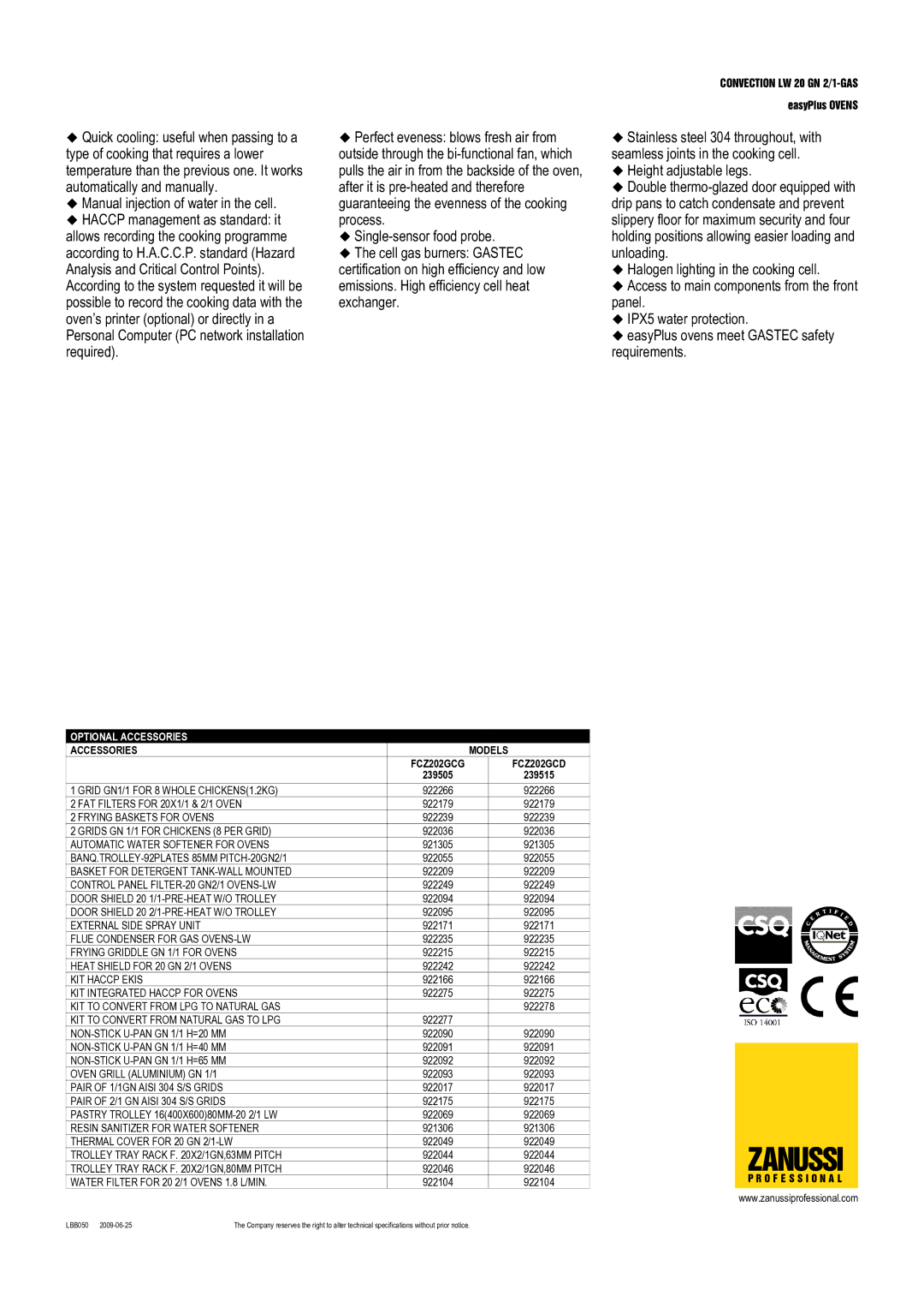 Zanussi FCZ202GCG, 20 GN 2/1, 239515, FCZ202GCD, 239505 dimensions Optional Accessories, Accessories Models 