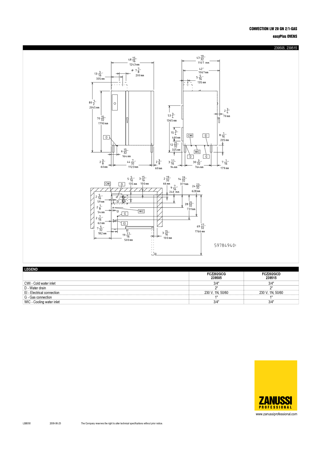 Zanussi FCZ202GCD, 20 GN 2/1, 239515, FCZ202GCG, 239505 dimensions Zanussi 