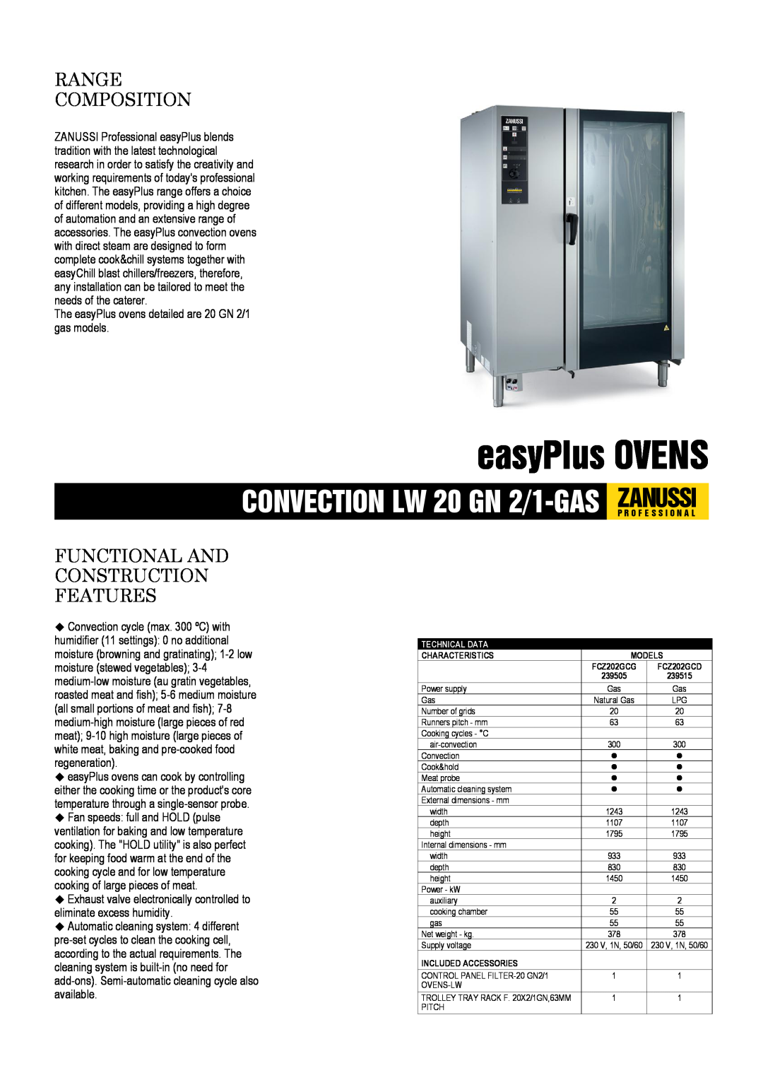 Zanussi 239515, 20 GN 2/1, FCZ202GCG dimensions easyPlus OVENS, Range Composition, Functional And Construction Features 