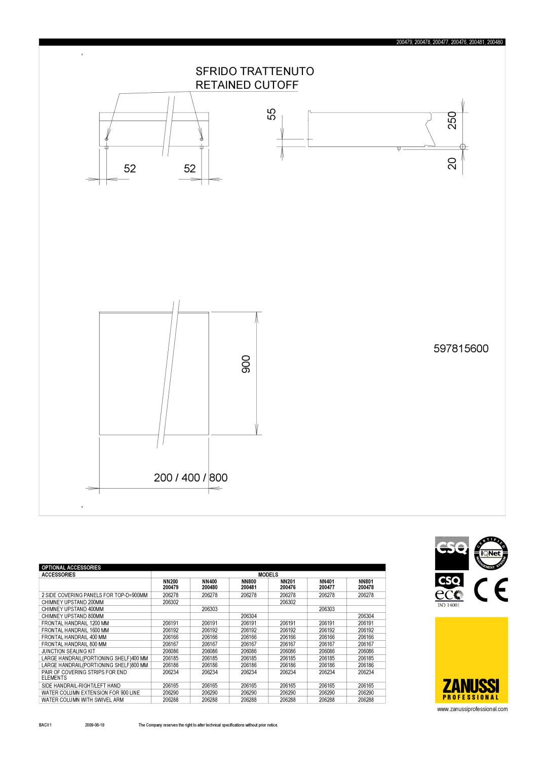 Zanussi 200481, 200478, 200479, NN801, NN800, 200480, NN401, NN200, NN201, NN400, 200477, 200476 250, 900 597815600 200 / 400 