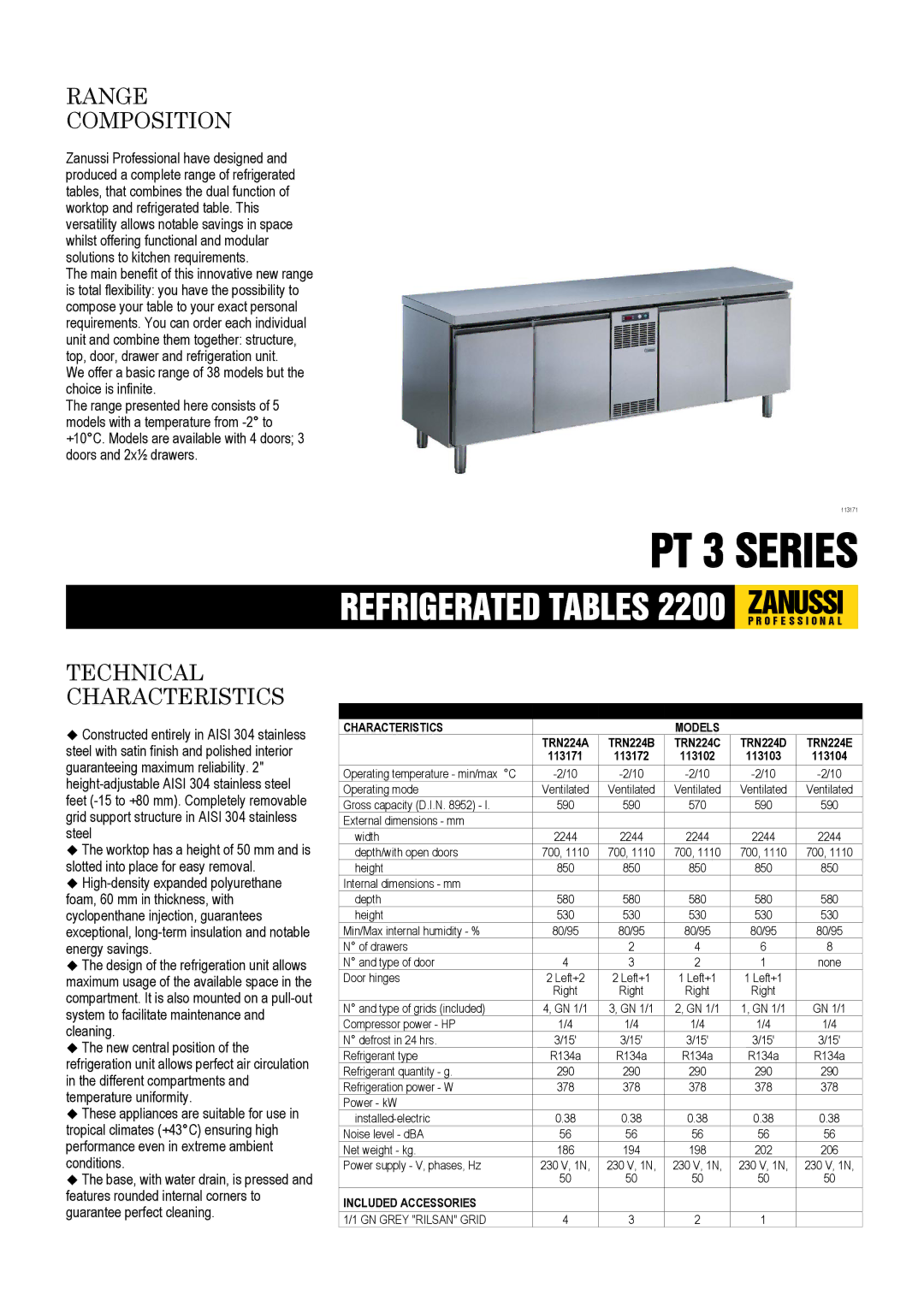 Zanussi 113172, 2200, 113171, 113103, 113104, 113102, TRN224D, TRN224A, TRN224B, TRN224C, TRN224E dimensions PT 3 Series 