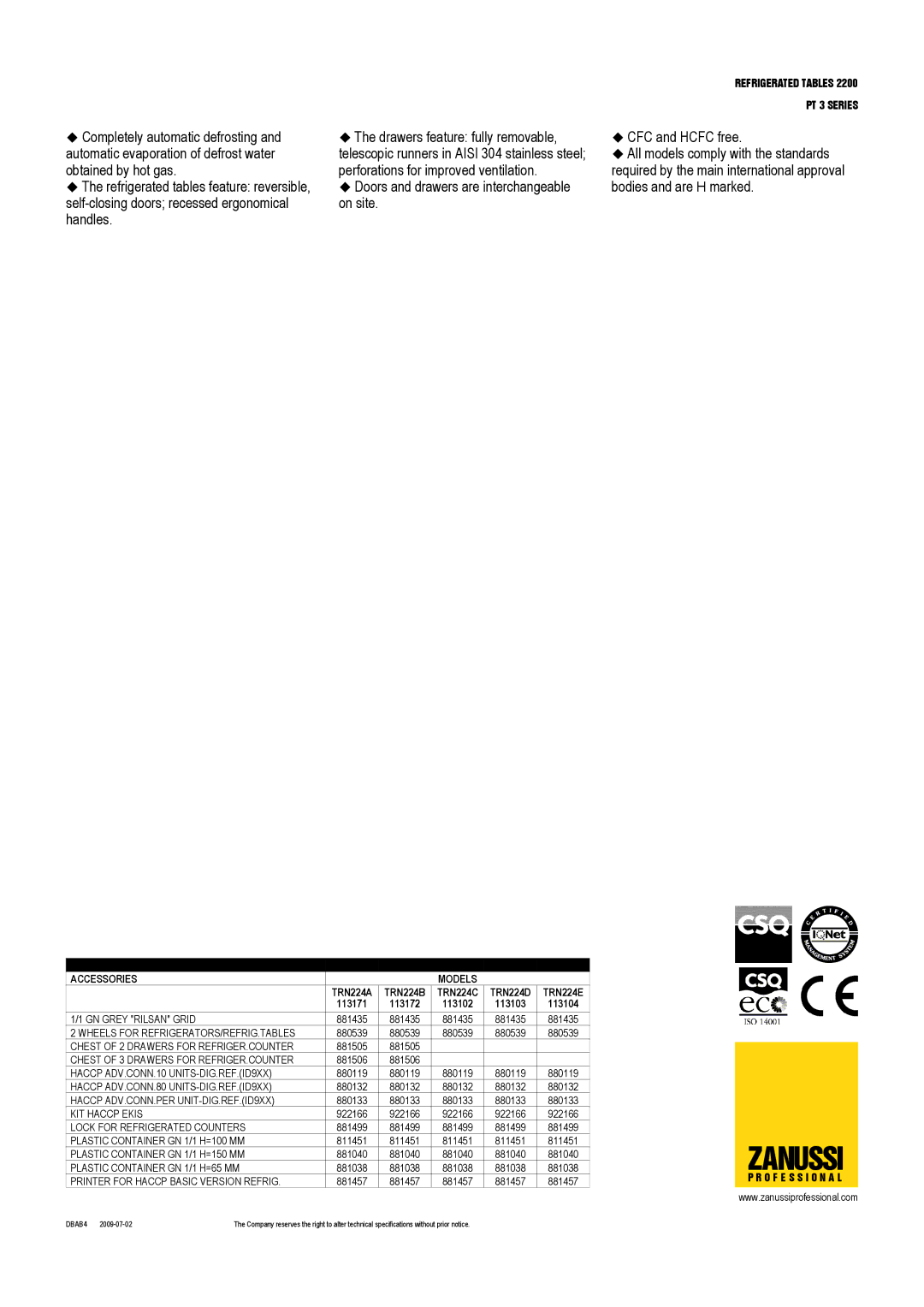 Zanussi 113171, 2200, 113172, 113103, 113104, 113102, TRN224D, TRN224A, TRN224B, TRN224C, TRN224E, PT 3 Series dimensions Zanussi 