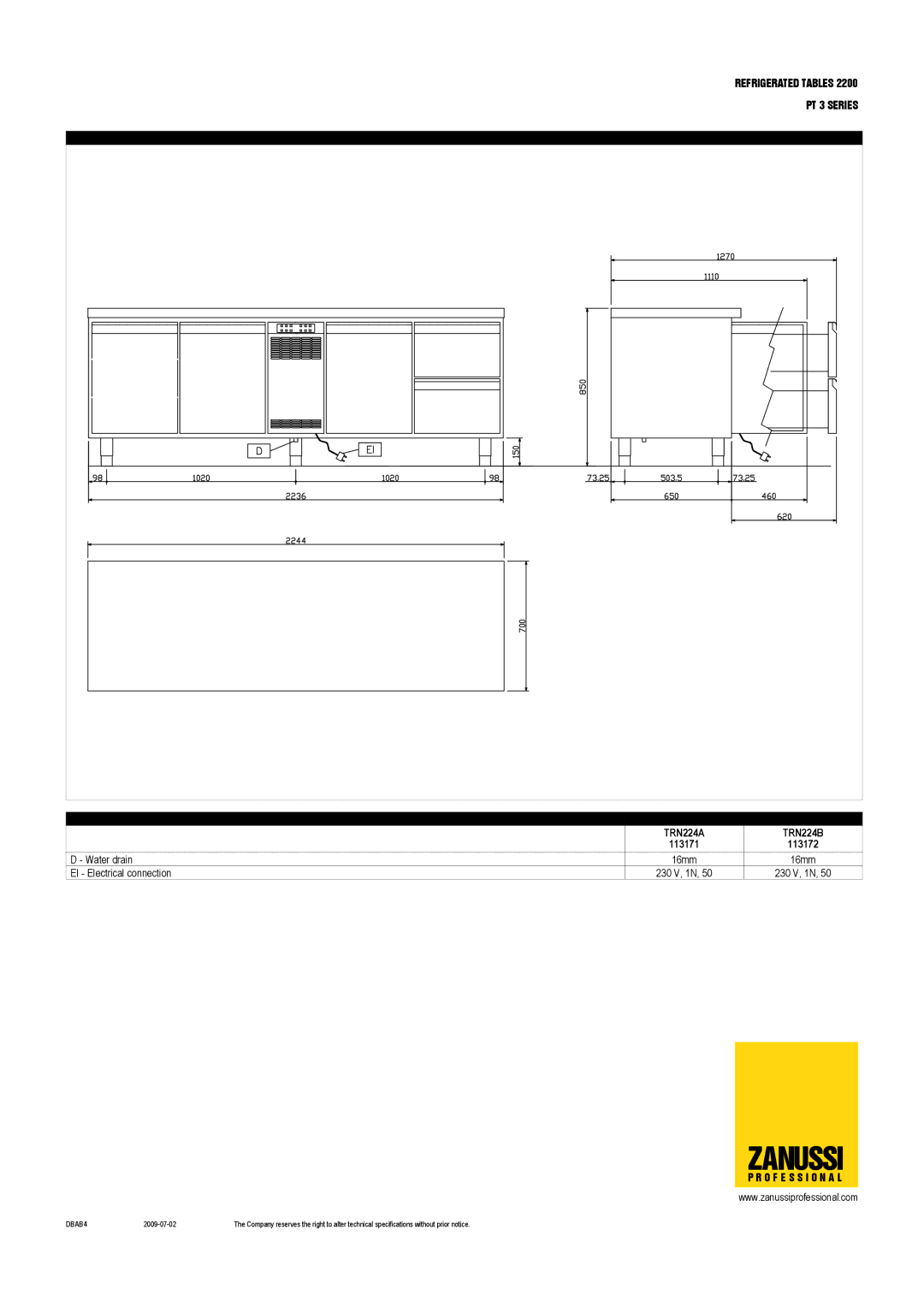 Zanussi 113103, 2200, 113172, 113171, 113104, 113102, TRN224D, TRN224A, TRN224B, TRN224C, TRN224E, PT 3 Series dimensions Zanussi 