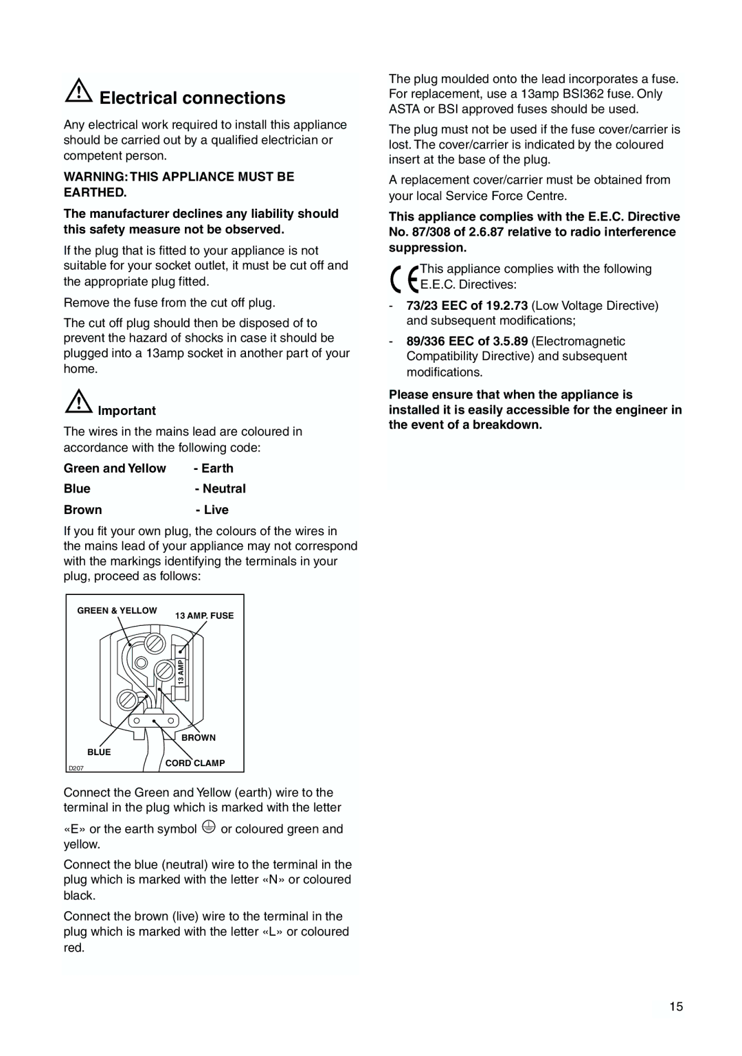 Zanussi 2223 265-44 user manual Electrical connections, Green and Yellow Earth Blue- Neutral Brown- Live 