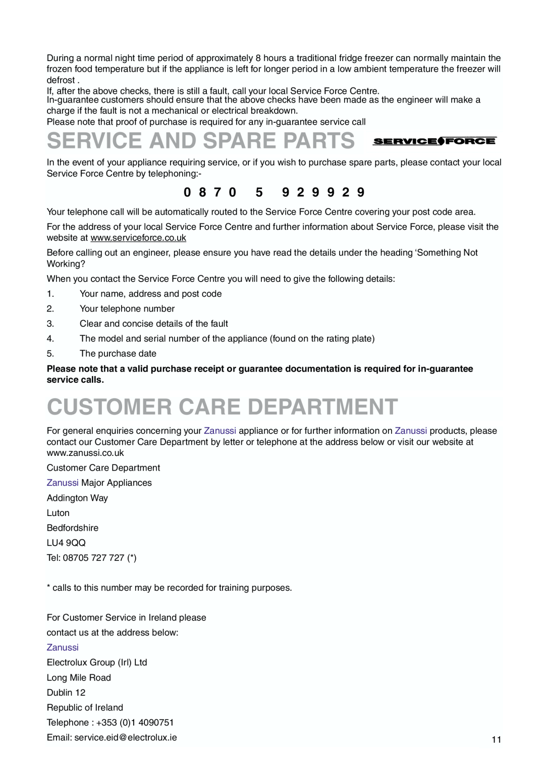 Zanussi 2223 265-44 user manual Service And Spare Parts, Customer Care Department, 9 9 2, Zanussi 