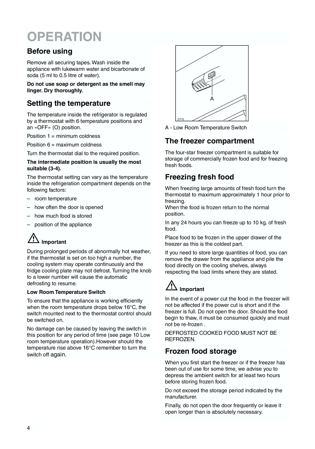 Zanussi 2223 265-44 Operation, Before using, Setting the temperature, The freezer compartment, Freezing fresh food 