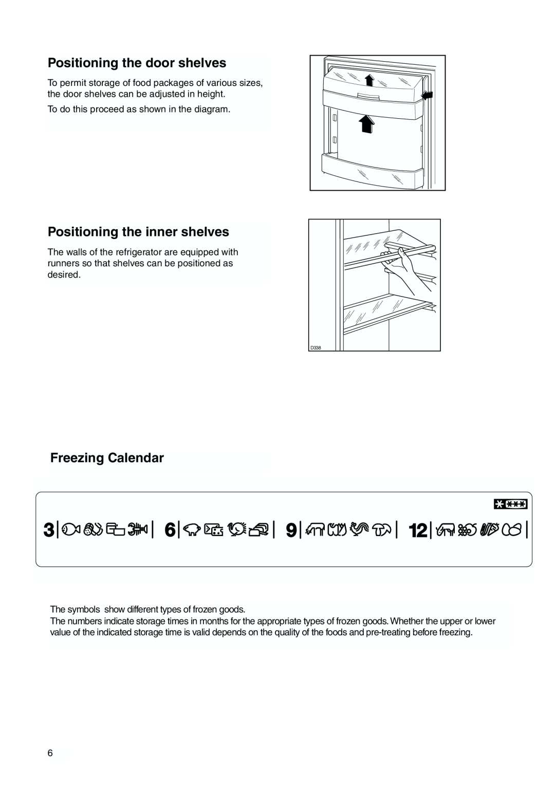 Zanussi 2223 265-44 user manual Positioning the door shelves, Positioning the inner shelves, Freezing Calendar 