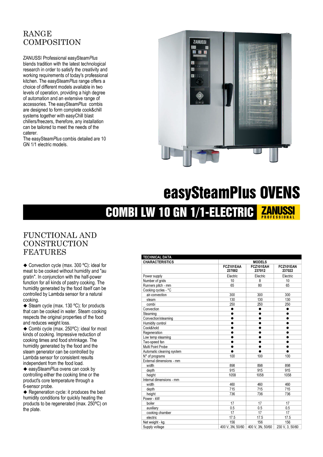 Zanussi 237022, 237012, 237002, FCZ101EAA, FCZ101EAH dimensions Range Composition, Functional and Construction Features 