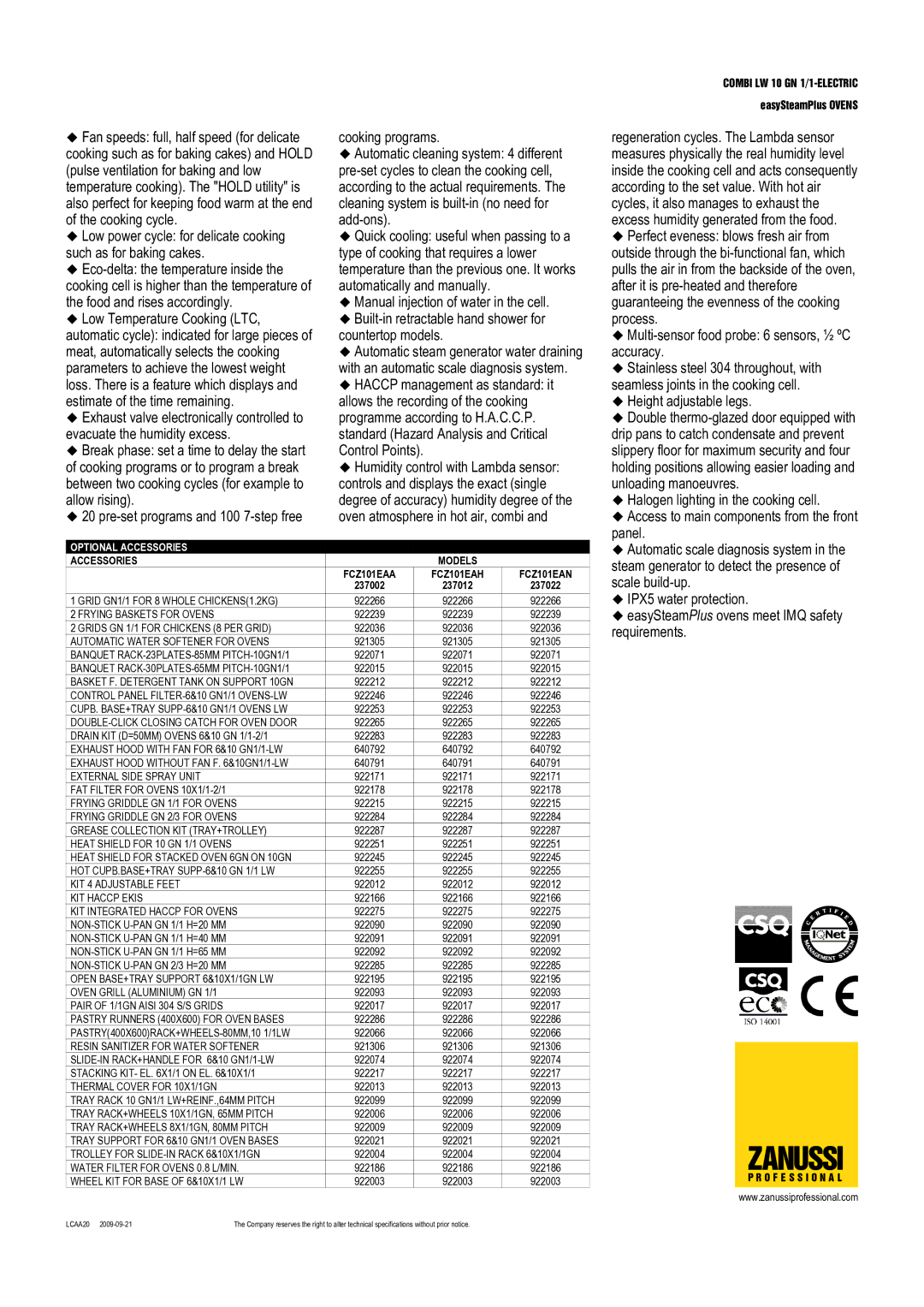 Zanussi 237002, 237012, 237022, FCZ101EAA, FCZ101EAH, FCZ101EAN, 10 GN 1/1 dimensions Zanussi 