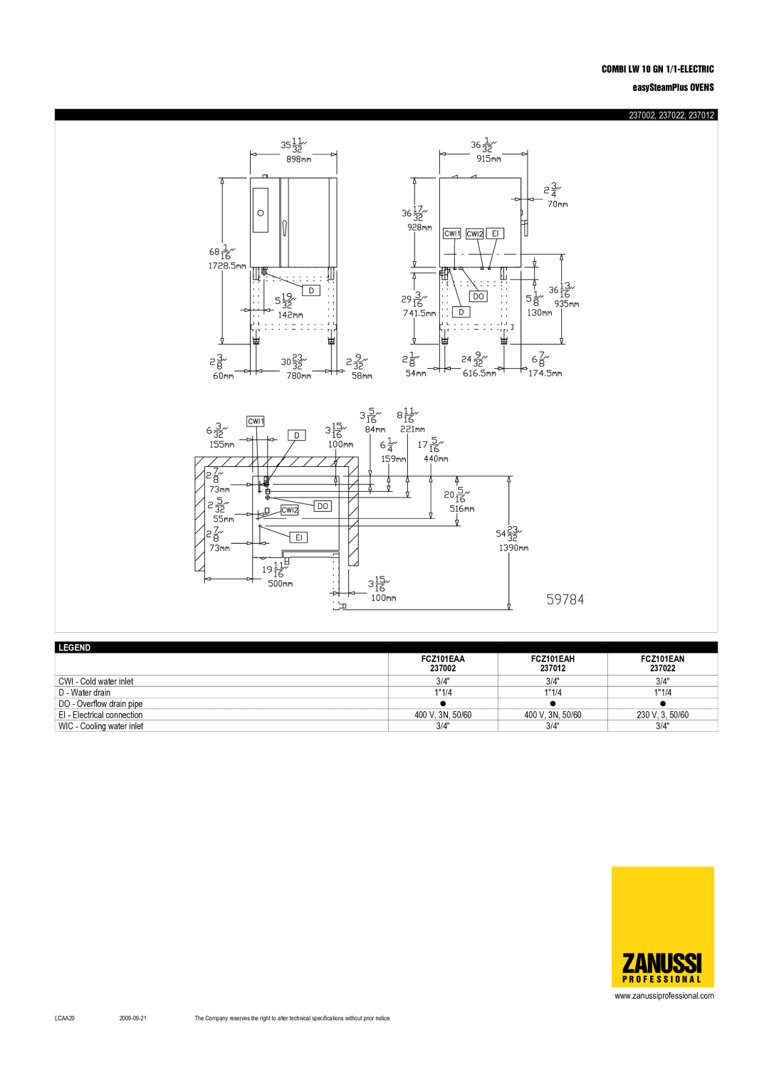 Zanussi FCZ101EAA, 237012, 237022, 237002, FCZ101EAH, FCZ101EAN, 10 GN 1/1 dimensions Zanussi 