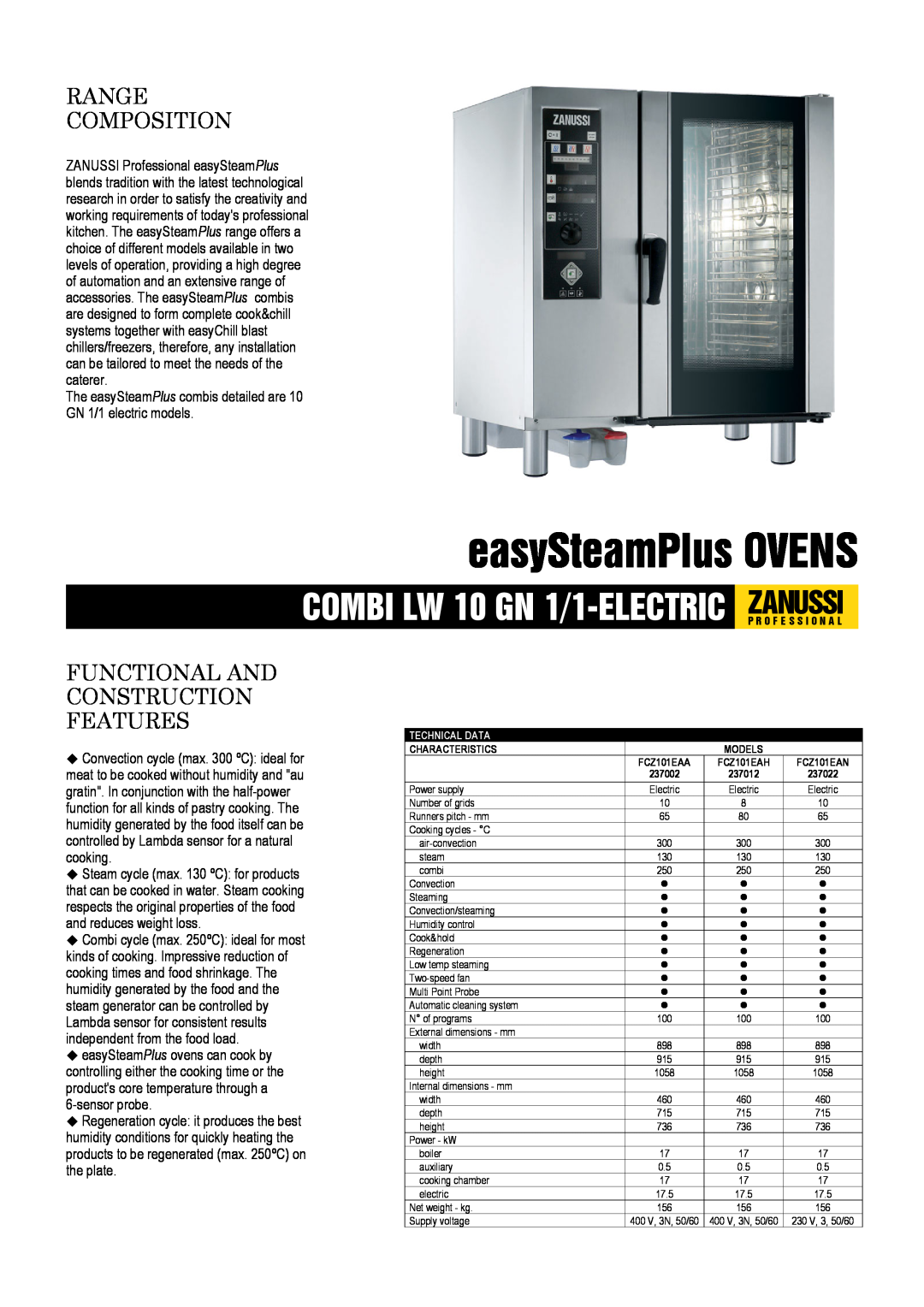 Zanussi 237022, 237012, 237002 dimensions easySteamPlus OVENS, Range Composition, Functional And Construction Features 