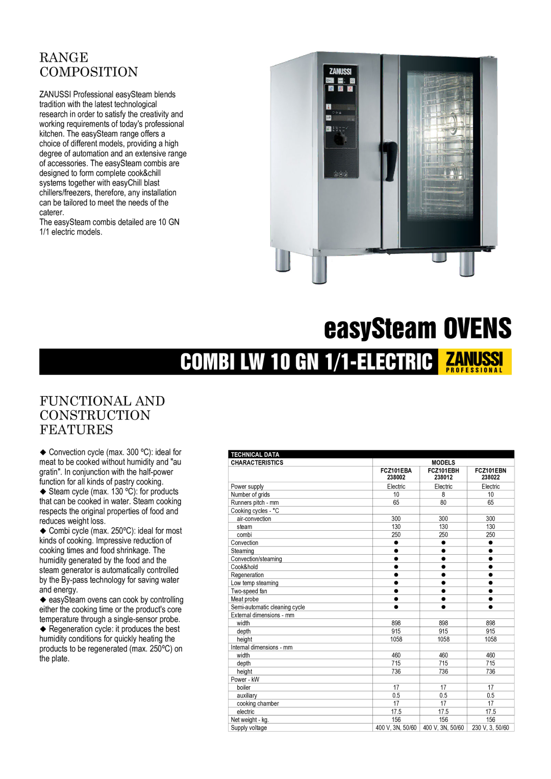 Zanussi FCZ101EBH dimensions Range Composition, Functional and Construction Features, Technical Data, Characteristics 