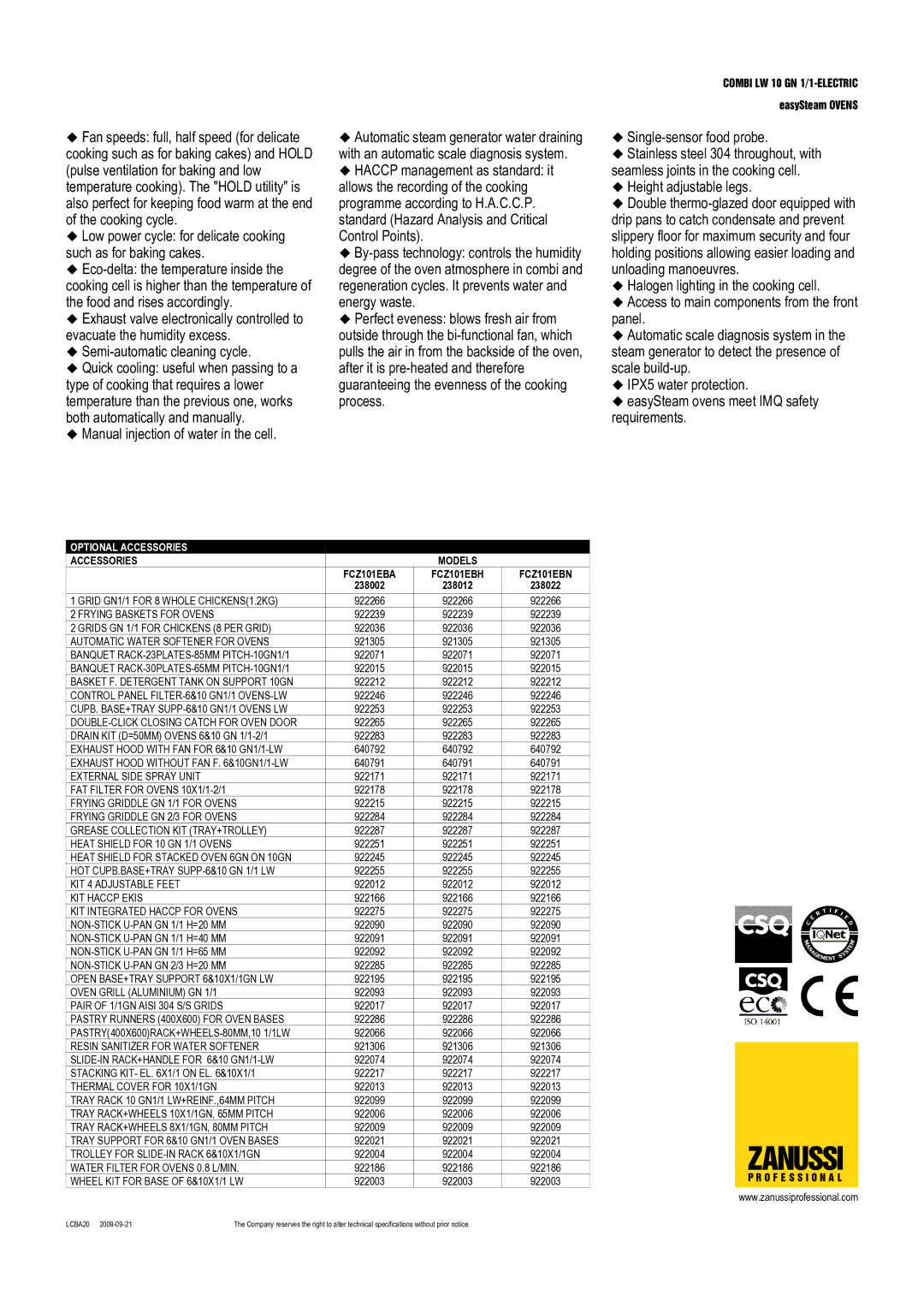 Zanussi FCZ101EBN, 238022, FCZ101EBH, FCZ101EBA, 238012, 238002 dimensions Optional Accessories, Accessories Models 