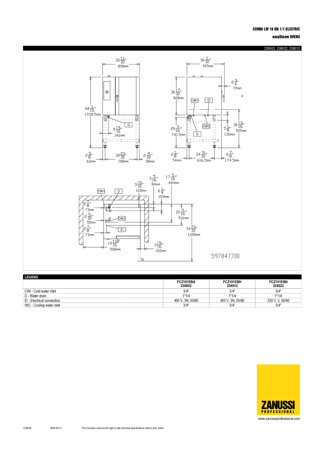 Zanussi FCZ101EBA, FCZ101EBH, FCZ101EBN, 238012 dimensions 238002, 238022 