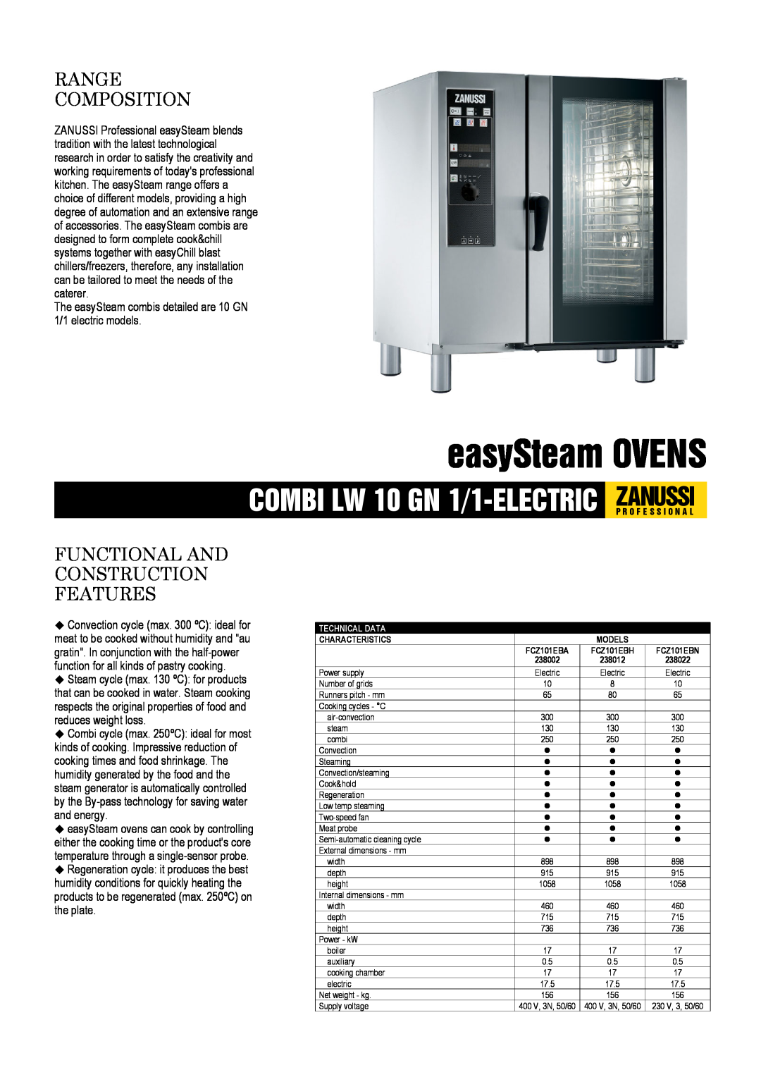 Zanussi FCZ101EBH, 238022, FCZ101EBN dimensions easySteam OVENS, Range Composition, Functional And Construction Features 