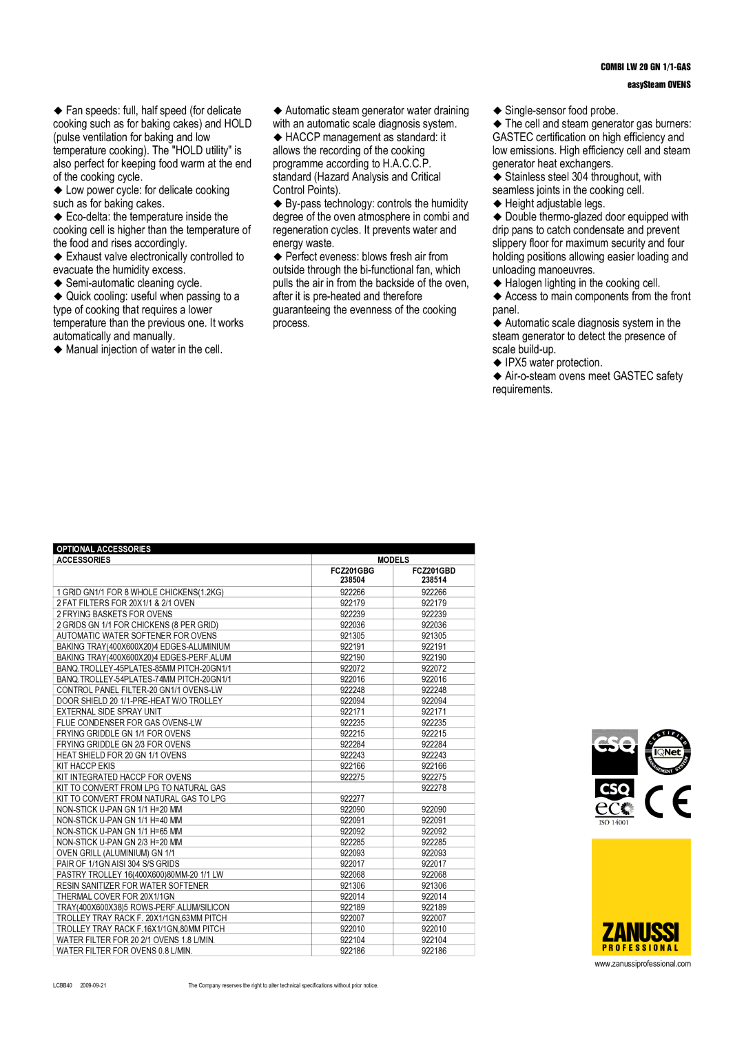 Zanussi FCZ201GBD, 238504, 238514, FCZ201GBG dimensions Optional Accessories, Accessories Models 