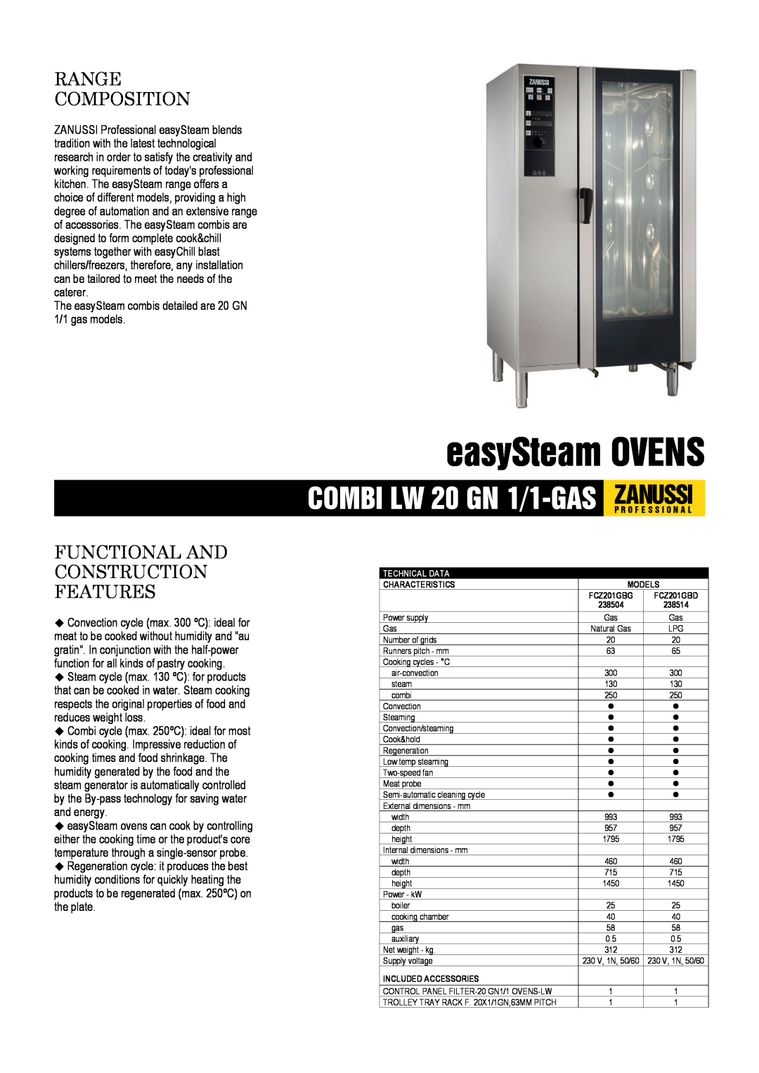 Zanussi 238514, 238504, FCZ201GBD dimensions easySteam OVENS, Range Composition, Functional And Construction Features 