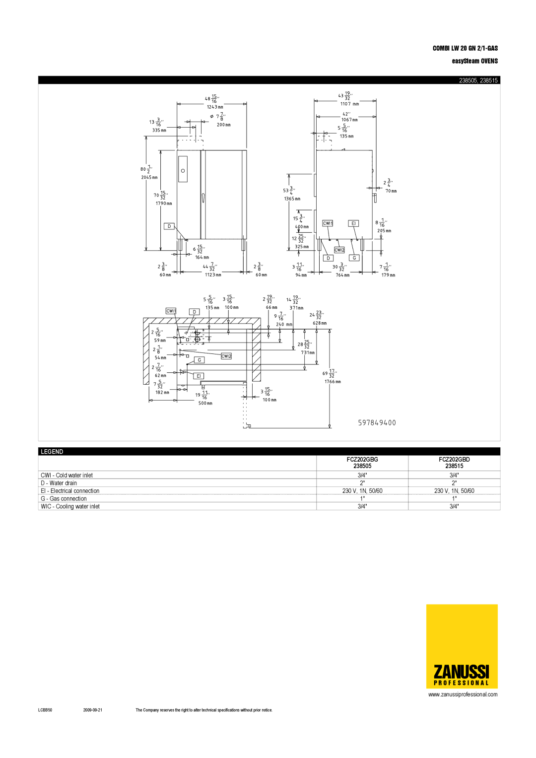 Zanussi FCZ202GBD, 238515, FCZ202GBG dimensions 238505 