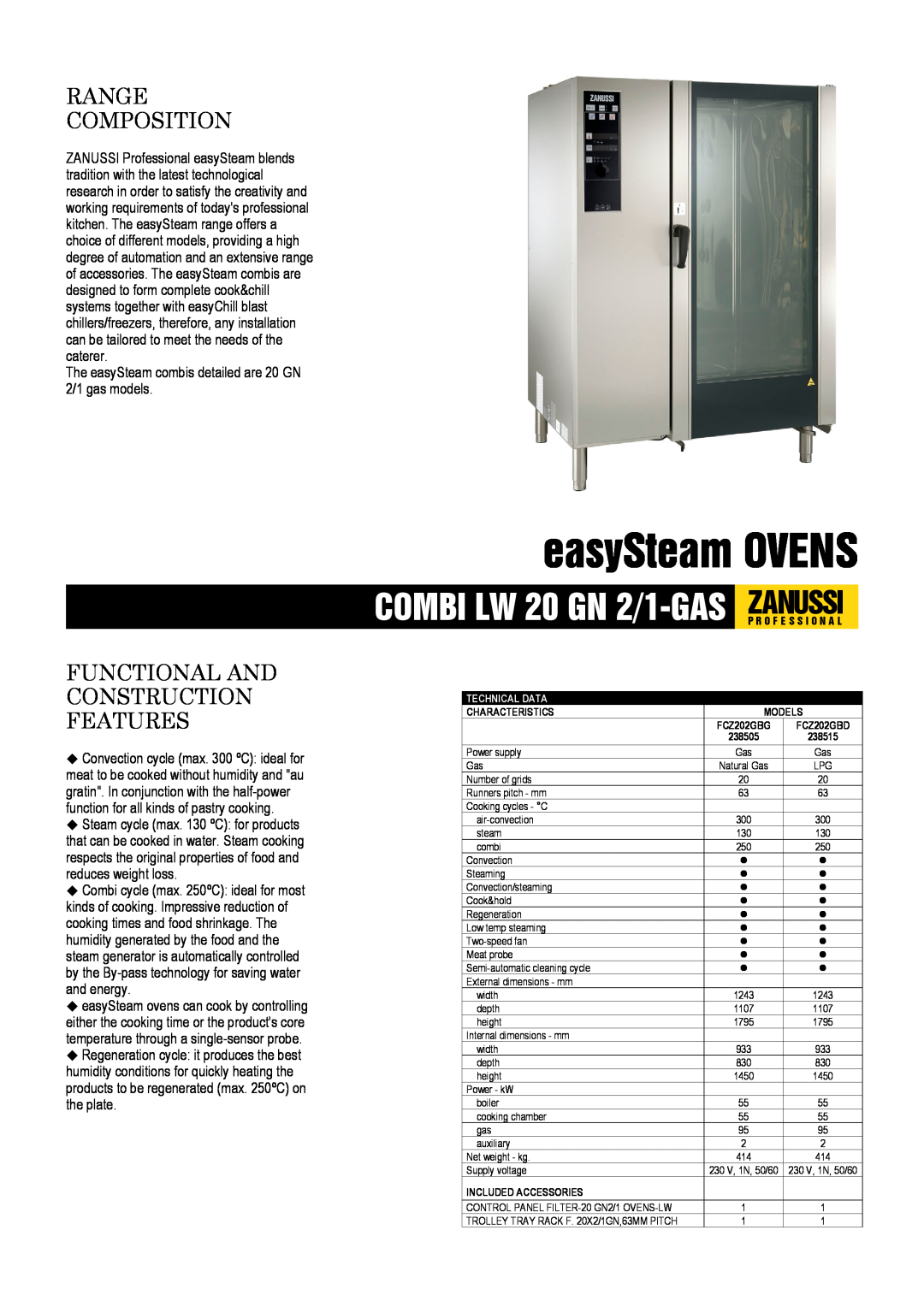 Zanussi 238515, 238505, FCZ202GBG dimensions easySteam OVENS, Range Composition, Functional And Construction Features 