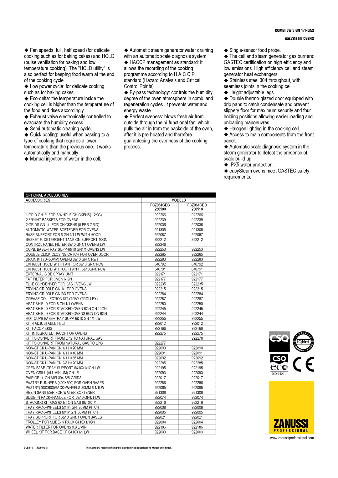 Zanussi FCZ061GBD, 238510, 238500, FCZ061GBG dimensions Optional Accessories, Accessories Models 