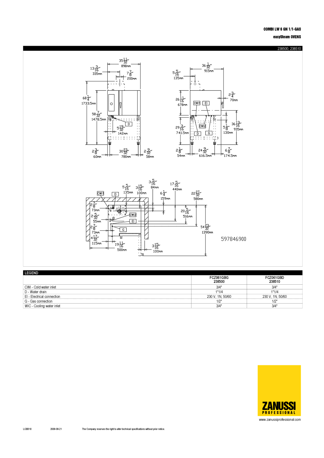 Zanussi FCZ061GBG, 238510, FCZ061GBD dimensions 238500 