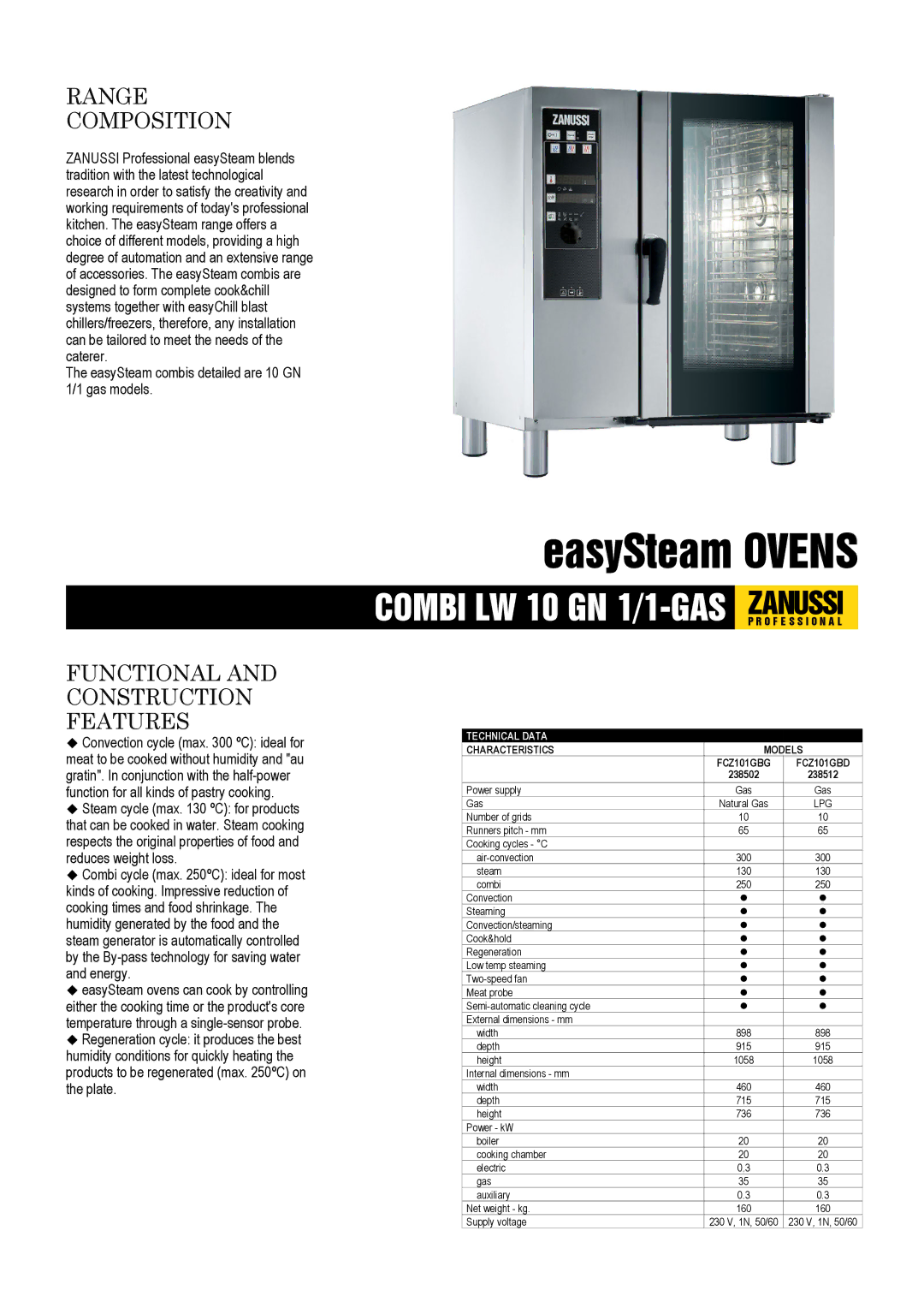 Zanussi 238502 dimensions Range Composition, Functional and Construction Features, Technical Data, Characteristics Models 